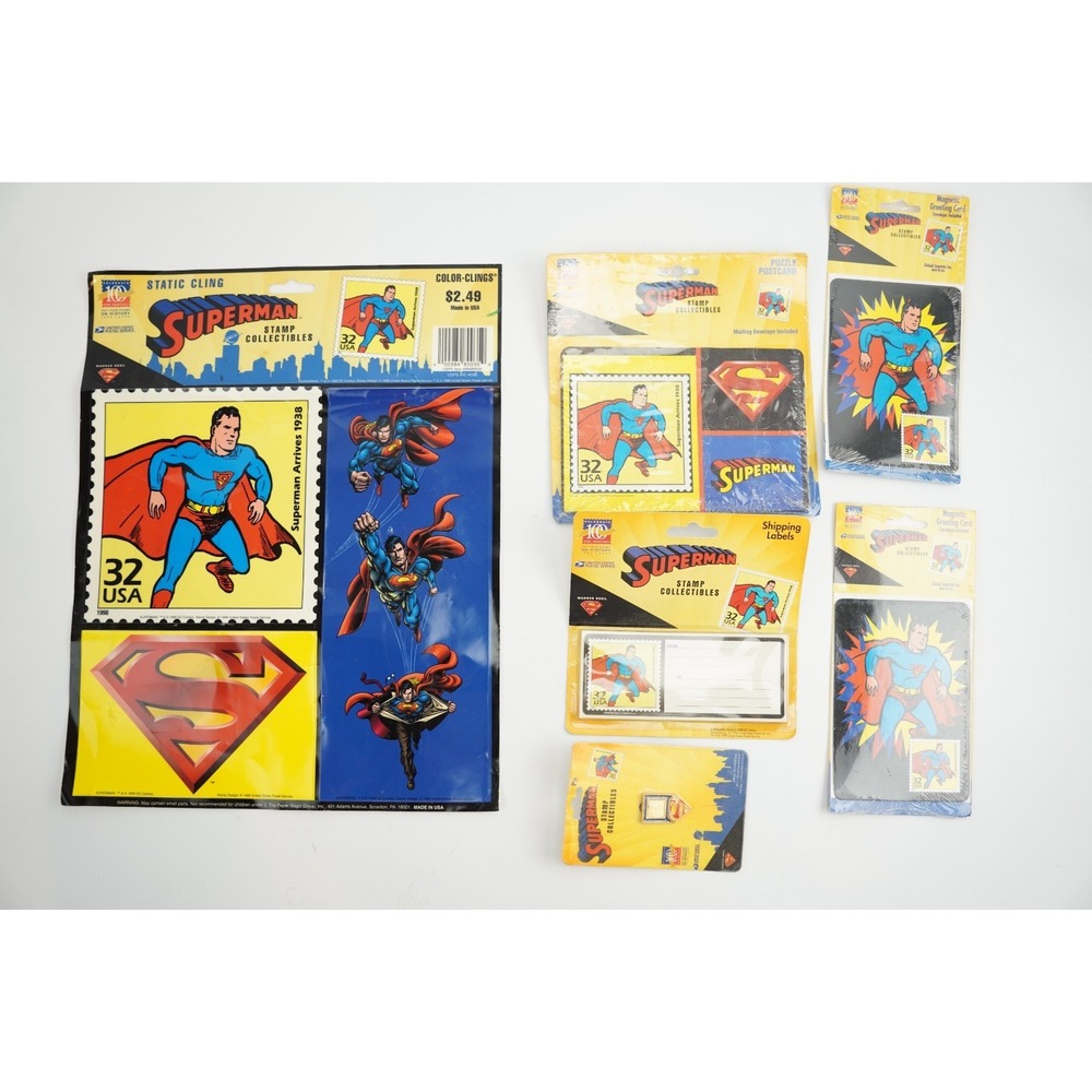 Vintage 1998 Superman Stamp Collectibles Postcard Magnet Pin, Stickers USPS